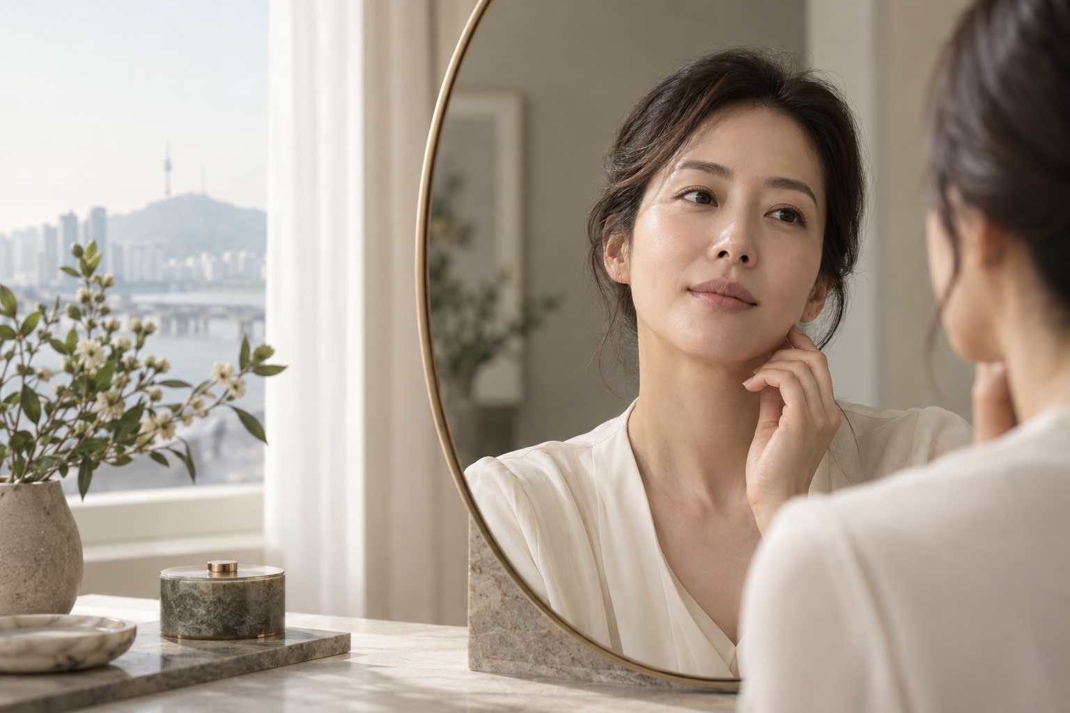 自然光の中で鏡を見ながら肌を確認する女性