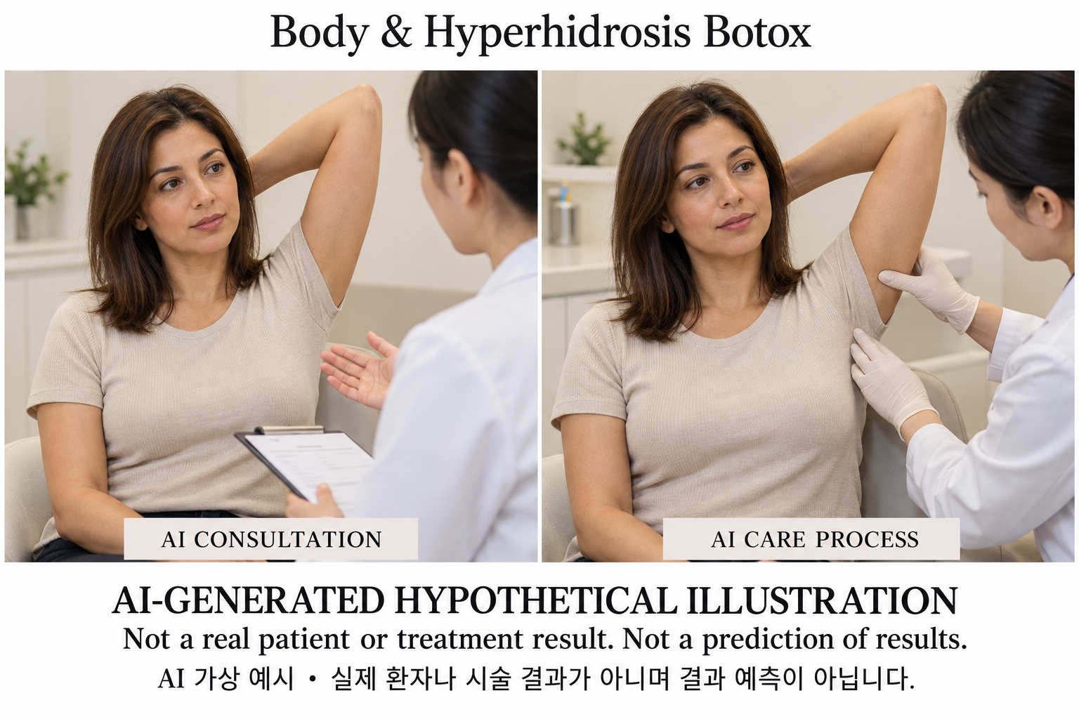 ภาพสมมติจาก AI ไม่ใช่ผู้ป่วยจริง ผลการรักษา หรือการคาดการณ์ — Botox สำหรับร่างกายและลดเหงื่อ (Hyperhidrosis)