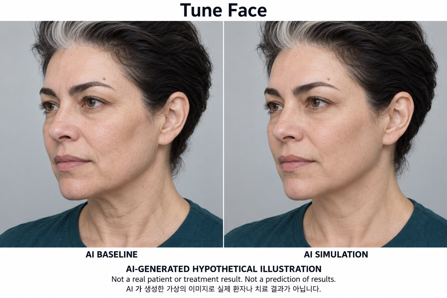 虛構AI示例,並非真實患者、治療結果或結果預測 — Tune Face 輪廓電波